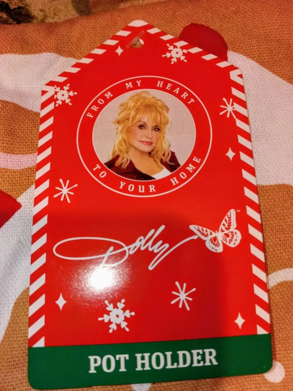 DOLLY PARTON 4 PIECE COLORFUL POTHOLDERS SET IN HER COLORFUL TIN CAN